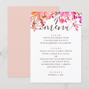 Menu Aquarelle rose et pêche jardin fleuri mariage