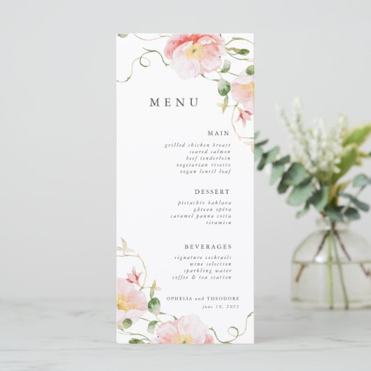 Menu Aquarelle rose fleur sauvage Mariage élégant (Debout devant)