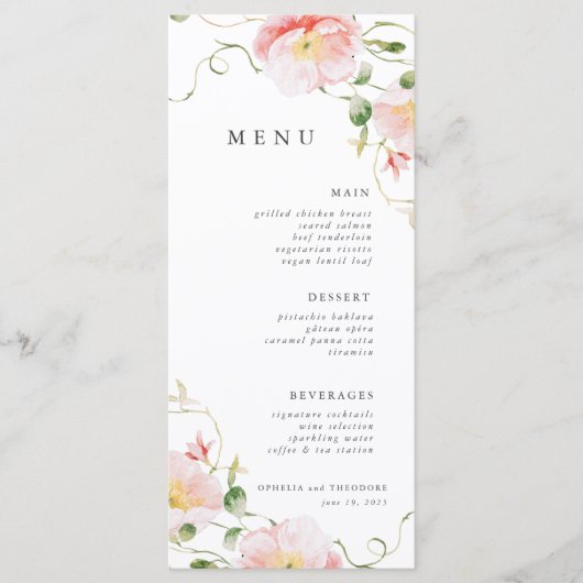 Menu Aquarelle rose fleur sauvage Mariage élégant (Devant)