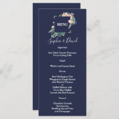 Menu Aquarelle rose Fleurs blanches Mariage cadre vert (Devant / Derrière)