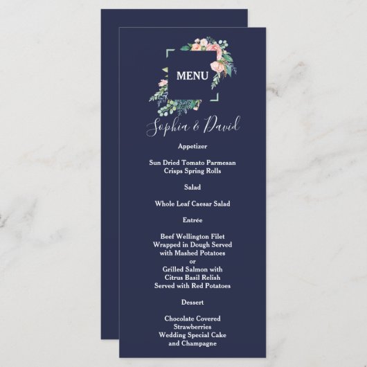 Menu Aquarelle rose Fleurs blanches Mariage cadre vert (Devant / Derrière)