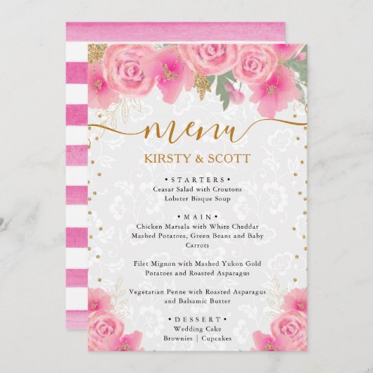 Menu Aquarelle rose Fleurs Mariage (Devant / Derrière)