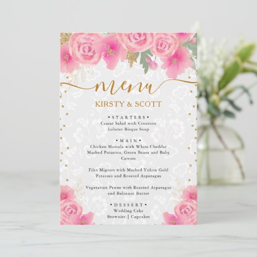 Menu Aquarelle rose Fleurs Mariage (Debout devant)
