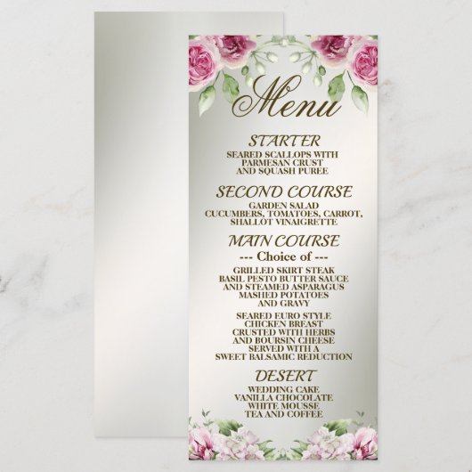 Menu Aquarelle rose Floral Frame Bronze brillant (Devant / Derrière)