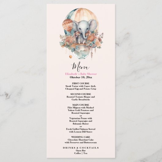 Menu Aquarelle rose mignonne Air Balloon Elephant Baby (Devant)