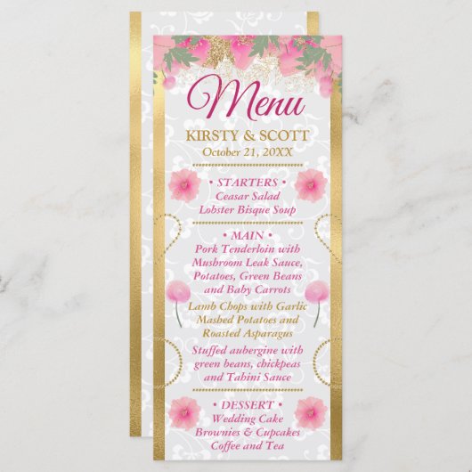 Menu Aquarelle rose & or Fleurs Mariage (Devant / Derrière)