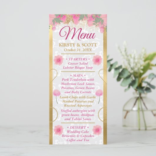 Menu Aquarelle rose & or Fleurs Mariage (Debout devant)