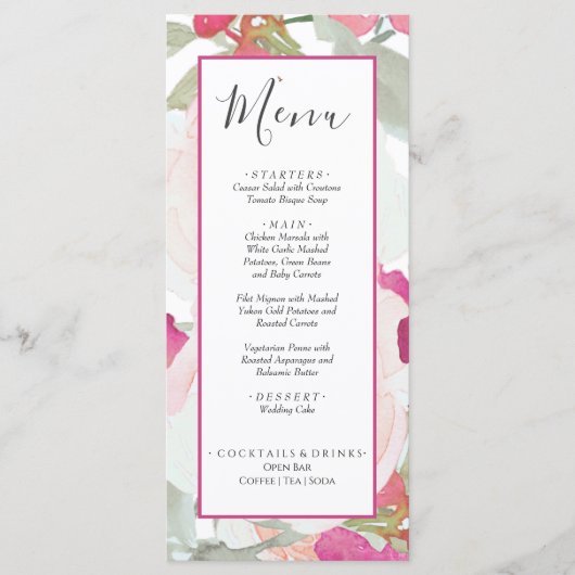 Menu Aquarelle rose pâle Mariage floral (Devant)