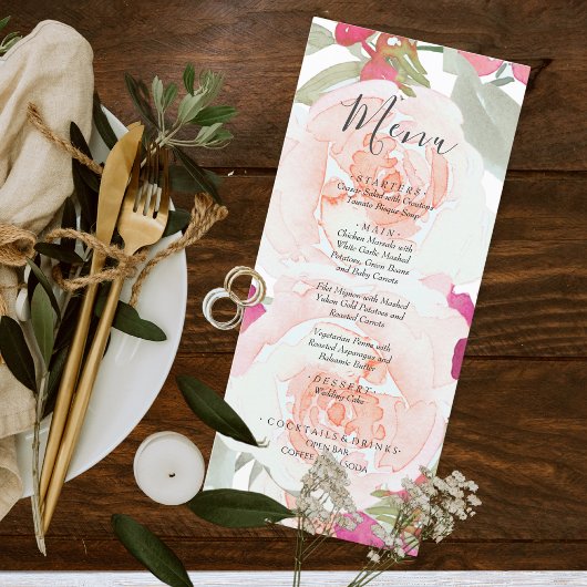 Menu Aquarelle rose pâle Mariage floral