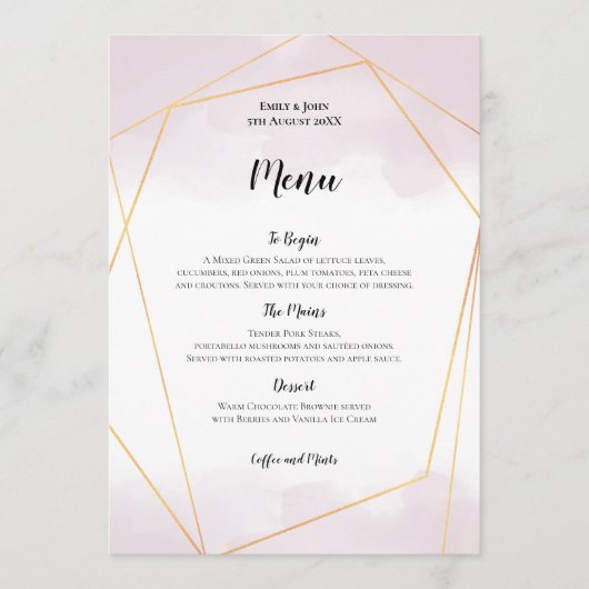 Menu Aquarelle rose pâle Mariage géométrique or (Devant)