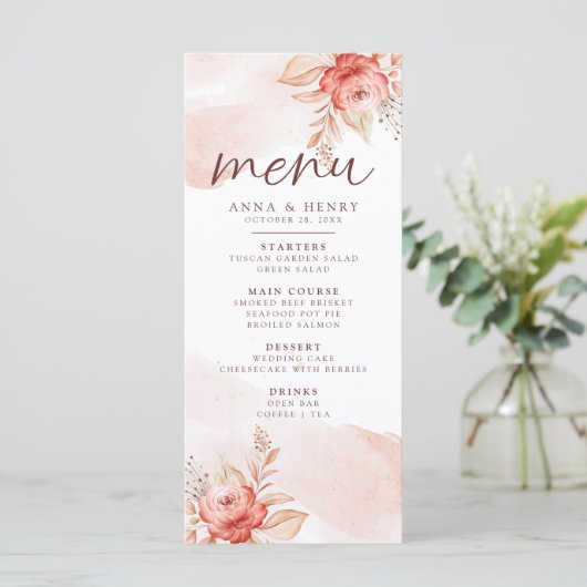 Menu Aquarelle rose Peach Floral Feuille Mariage (Debout devant)