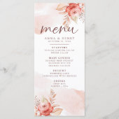 Menu Aquarelle rose Peach Floral Feuille Mariage (Devant)