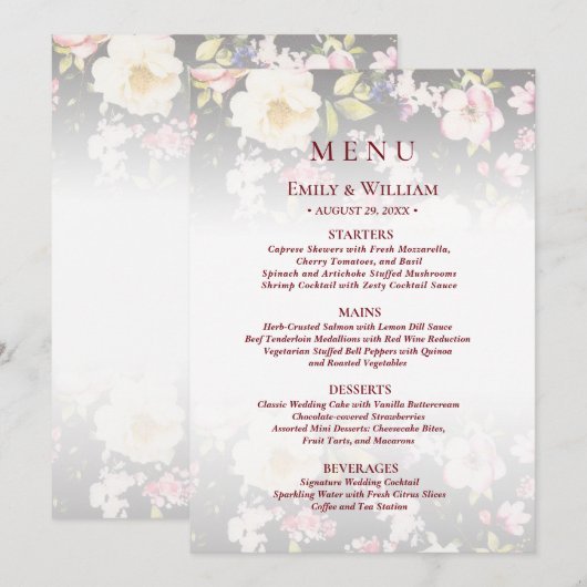 Menu Aquarelle rose Roses jaunes, noir flou, Mariage (Devant / Derrière)