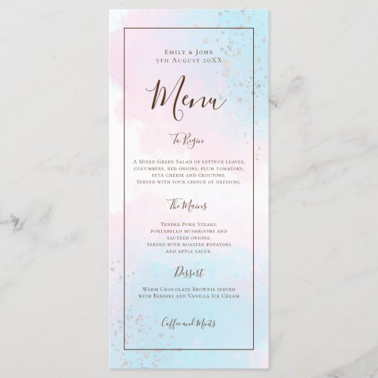 Menu Aquarelle rose Turquoise Argent Confetti Mariage (Devant)