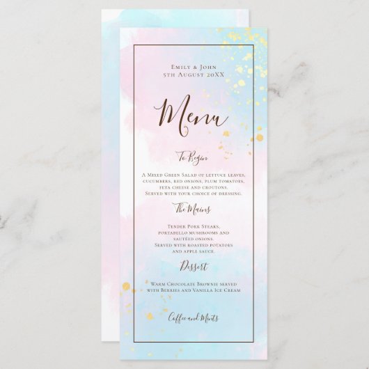 Menu Aquarelle rose Turquoise or Confetti Mariage (Devant / Derrière)
