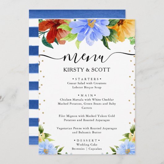 Menu Aquarelle rouge, jaune et bleu Mariage (Devant / Derrière)