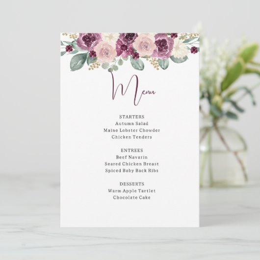 Menu Aquarelle rustique Plum Sage Or Floral (Debout devant)