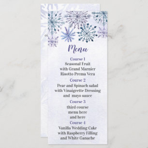 Menu Aquarelle rustique Snowflakes Blue Winter Wedding