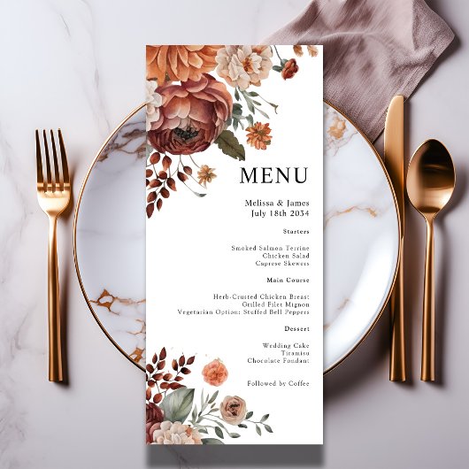 Menu Aquarelle Terracotta Floral Blanc Mariage