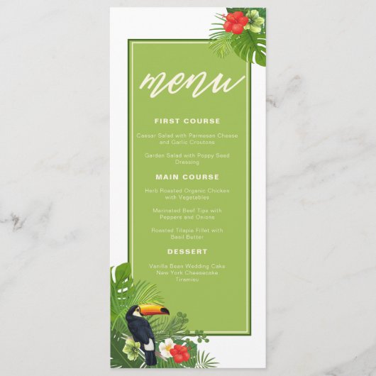 Menu Aquarelle Tropical avec Mariage Toucan Green ID577 (Devant)