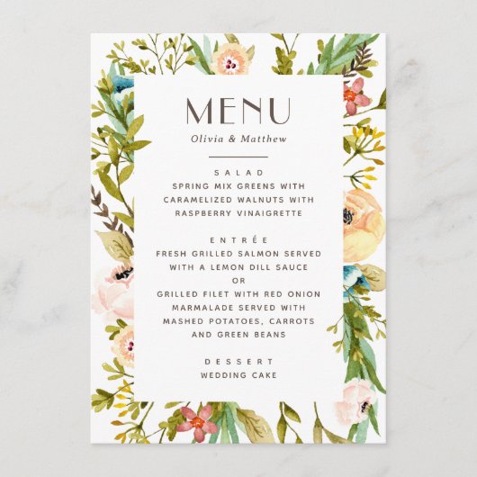 Menu Aquarelle verdure fleurie été rustique mariage (Devant)