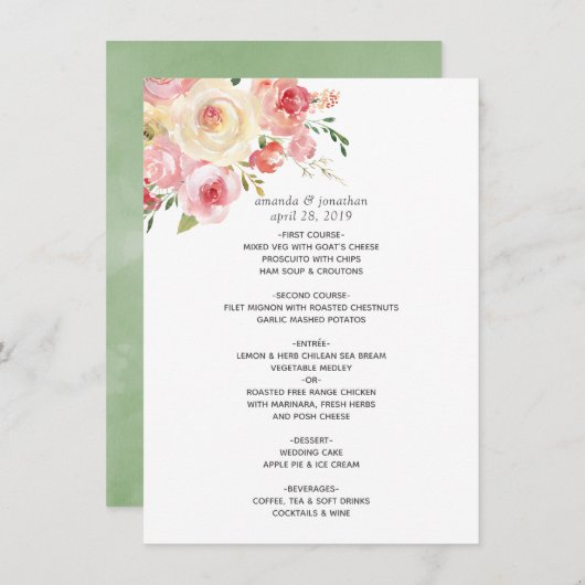 Menu Aquarelle vert clair et gris Mariage floral (Devant / Derrière)