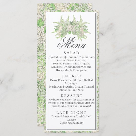 Menu Aquarelle Vert et Blanc Hydrangea Crest (Devant / Derrière)