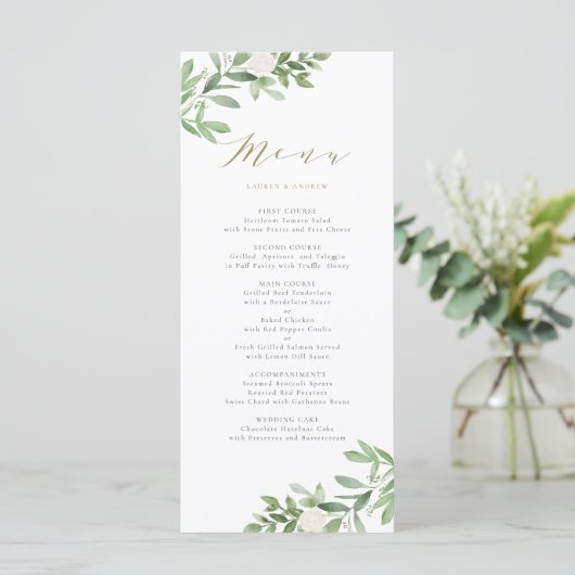 Menu Aquarelle vert et fleurs blanches Mariage (Debout devant)