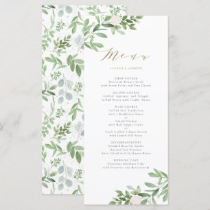 Menu Aquarelle vert et fleurs blanches Mariage