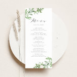 Menu Aquarelle vert et fleurs blanches Mariage<br><div class="desc">Élevez votre événement avec notre carte de menu personnalisable, magnifiquement conçu avec une douce aquarelle verte et des fleurs blanches douces. Cette carte à menu élégante présente un design avant d'inspiration nature, tandis que l'arrière présente un motif assorti pour un look cohésif. Cette carte verte est idéale pour les mariages,...</div>