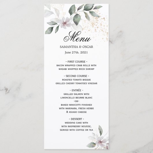 Menu Aquarelle verte douce Feuille et fleur | Or (Devant)