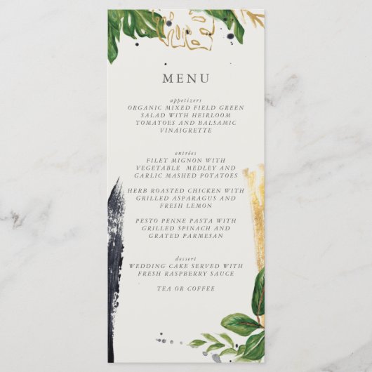 Menu Aquarelle verte et or Mariage tropical (Devant)