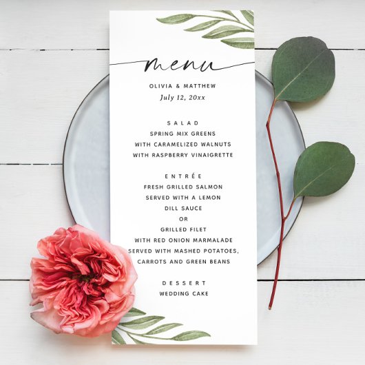 Menu Aquarelle verte feuillage floral mariage