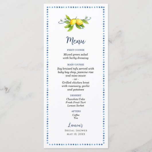 Menu Aquarelle Vintage Citron douche nuptiale (Devant)