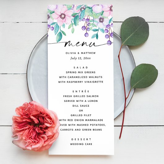 Menu Aquarelle violet rose jardin fleuri mariage