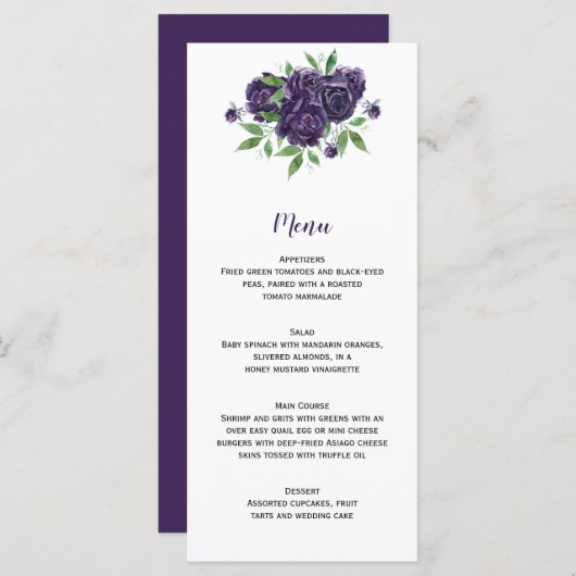 Menu Aquarelle violet Roses et Mariage vert (Devant / Derrière)