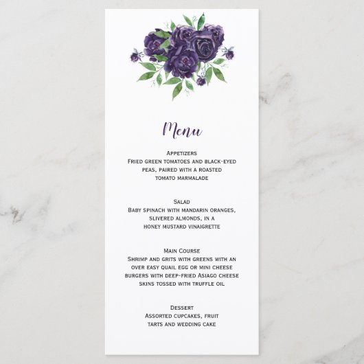 Menu Aquarelle violet Roses et Mariage vert (Devant)