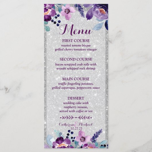 Menu Aquarelle violette Floral et Mariage Parties scint (Devant)