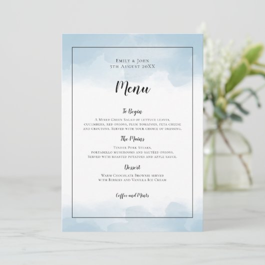 Menu Aquarelles bleu clair Mariage noir (Debout devant)