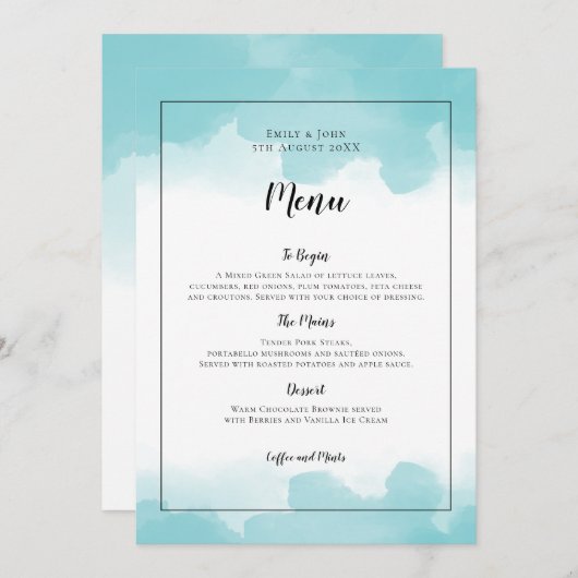 Menu Aquarelles bleu Purist Mariage de script noir (Devant / Derrière)