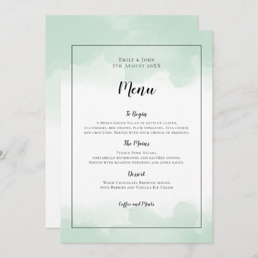 Menu Aquarelles vert Mint Mariage de script noir (Devant / Derrière)