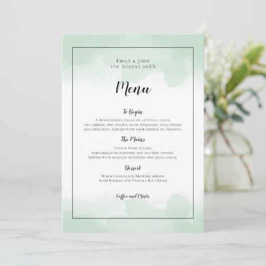Menu Aquarelles vert Mint Mariage de script noir (Debout devant)