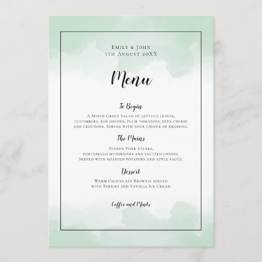 Menu Aquarelles vert Mint Mariage de script noir (Devant)