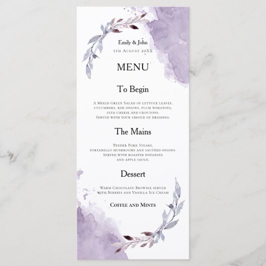 Menu Aquarelles violettes Mariage de texte (Devant)