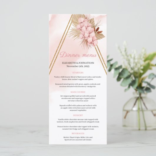 Menu Arc d'or feuille Boho Blush Pink Orchid séché Palm (Debout devant)