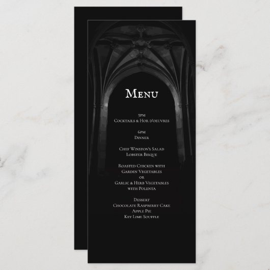 Menu Arc gothique Mariage élégant Noir et Blanc foncé (Devant / Derrière)