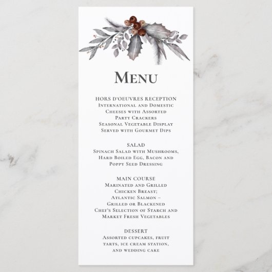 Menu Argent, Gris, Rusty Brown Mariage botanique d'hive (Devant)