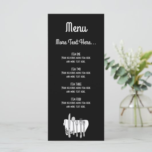 Menu Argenterie Noir et Blanc Design Modifiable 4" x 9" (Debout devant)