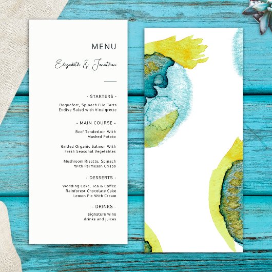 Menu Art abstrait aquarelle bleu jaune Mariage unique