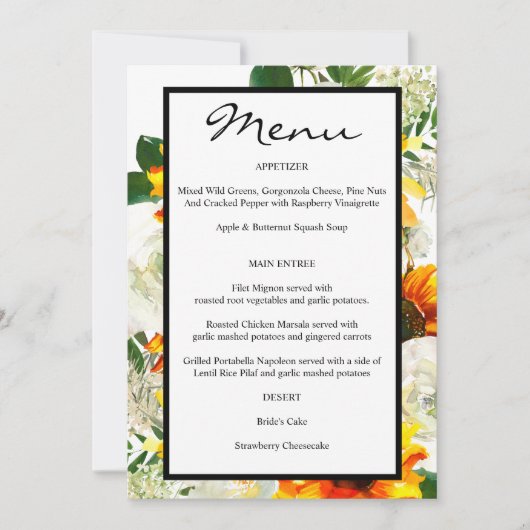 Menu Artsy Sunflower Floral - Wit Kaart (Voorkant)